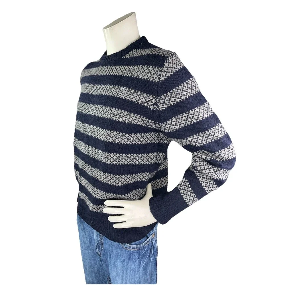 J.Crew Men’s Large 100% Lambswool Crewneck Sweater Horizontal Stripes Navy Gray